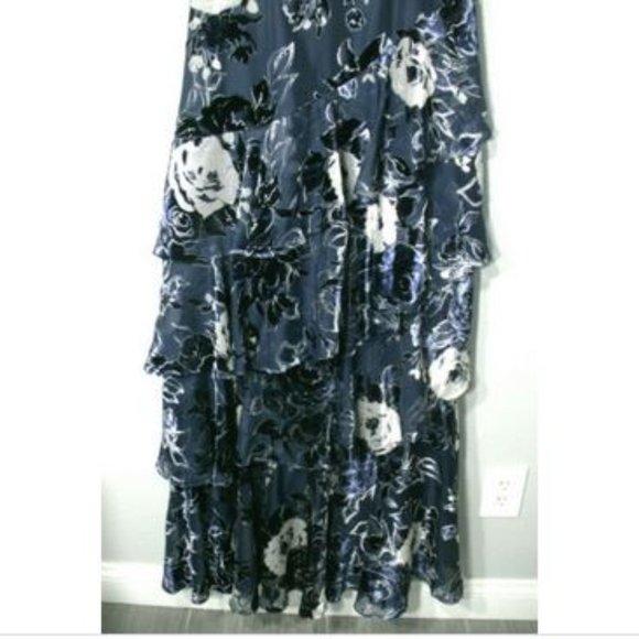 NWT Marchesa Notte Blue Floral Sleeveless Tiered Burnout Gown Dress 2 - Picture 6 of 12
